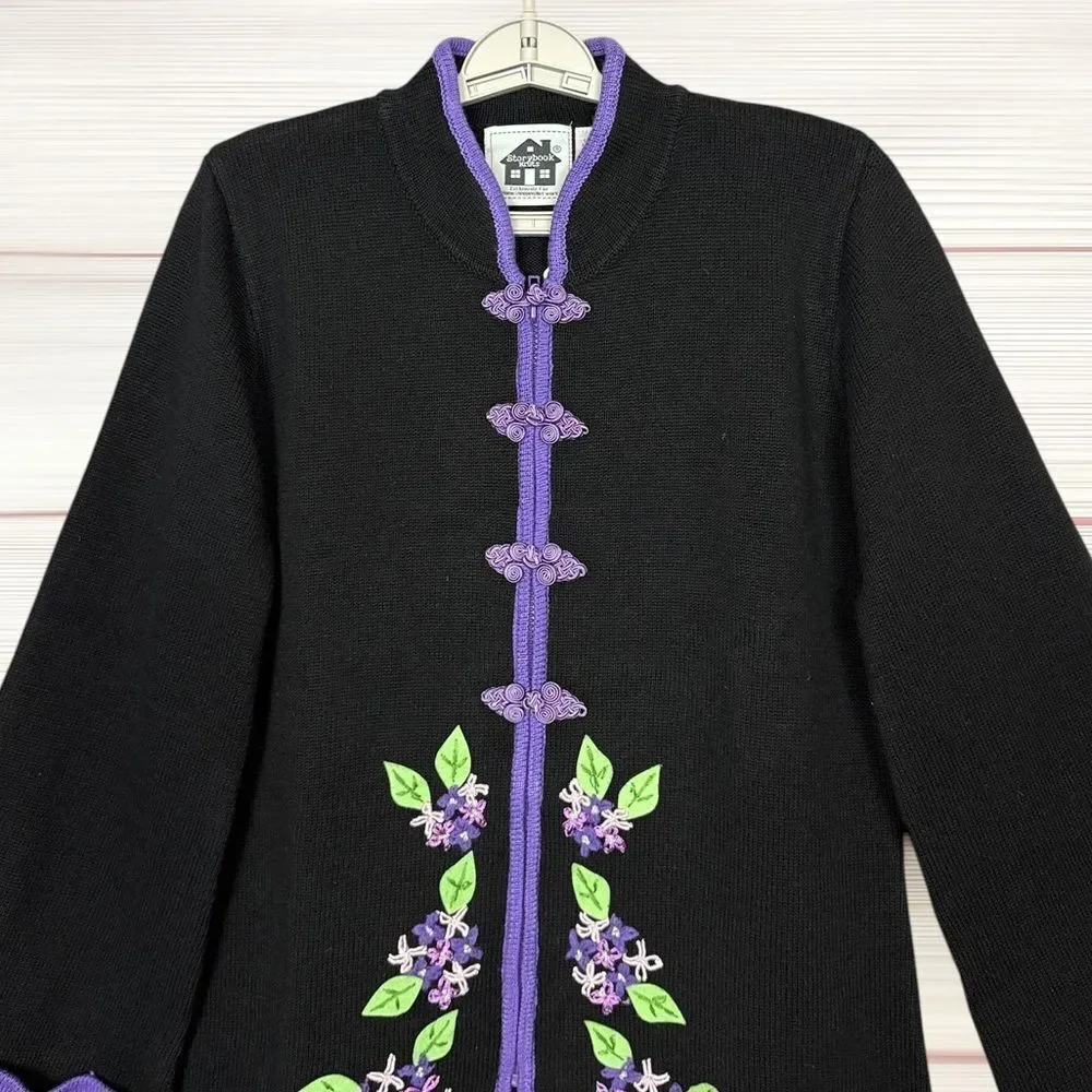NWT Storybook Knits Black Cardigan Chinese Style Zip Front Embroidered L Vintage - Picture 5 of 14